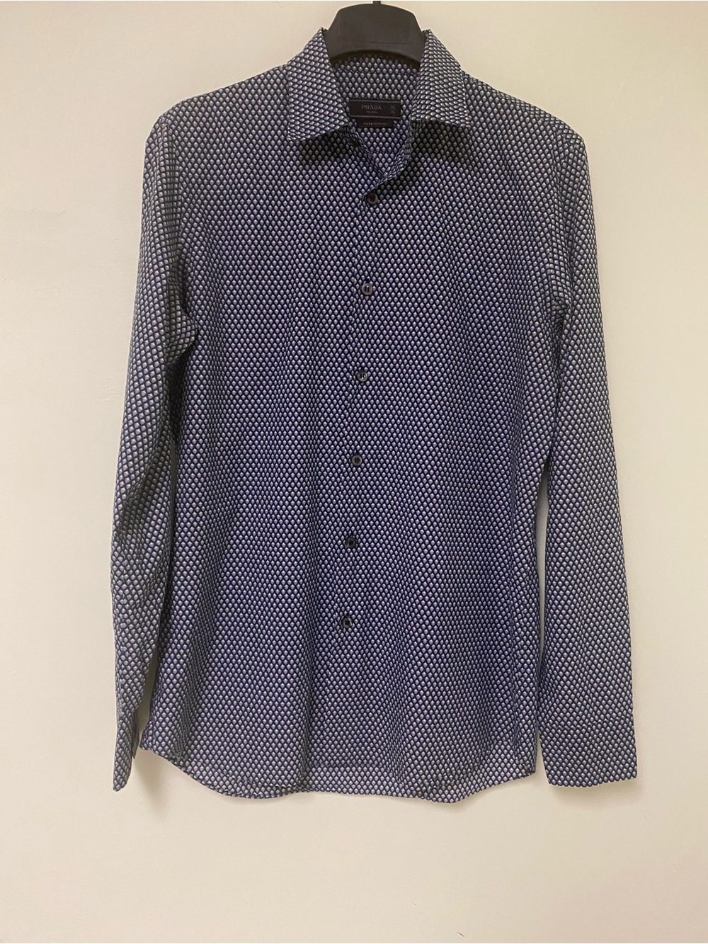 Prada Men's Navy and White Geometric Dress Shirt